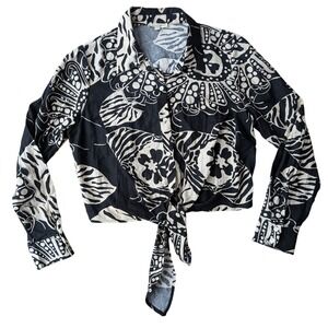 Christian Siriano Tie Front Cropped Shirt Black White Print Top linen blend L